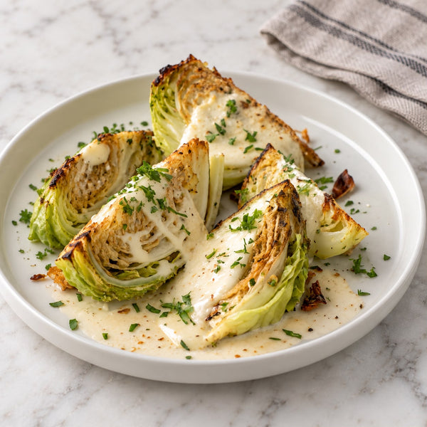 SLOW ROASTED CABBAGE STEAK WITH BLUE CHEESE SAUCE