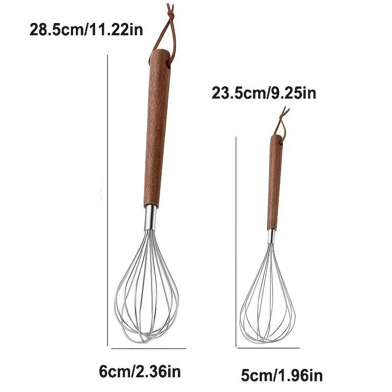 2pcs Stainless Steel Egg Whisks – Wooden Handle Handheld Mixers
