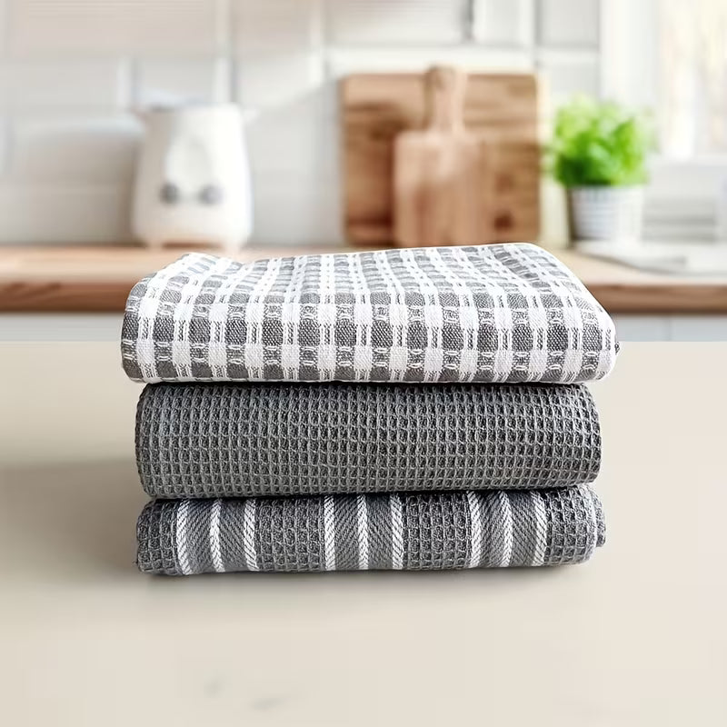 3pcs Absorbent Waffle Weave Kitchen Towels – Green Plaid & Striped