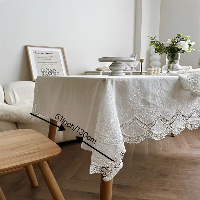 1pc White Lace Cotton Tablecloth – Farmhouse Elegant Table Cover