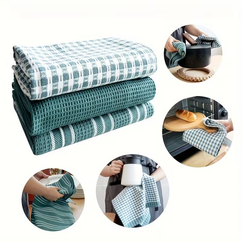 3pcs Absorbent Waffle Weave Kitchen Towels – Green Plaid & Striped