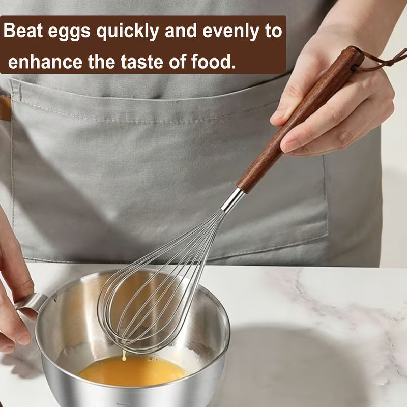 2pcs Stainless Steel Egg Whisks – Wooden Handle Handheld Mixers