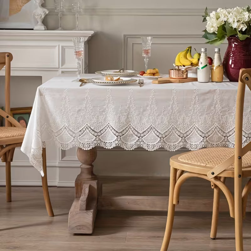 1pc White Lace Cotton Tablecloth – Farmhouse Elegant Table Cover