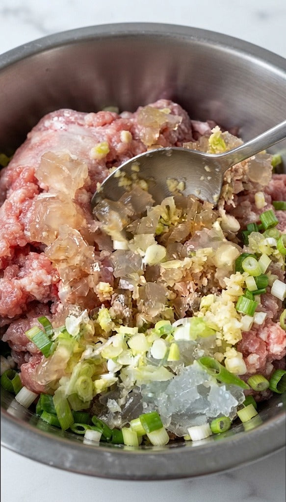 Finely chop 300g of the chilled soup jelly. In a bowl, combine minced chicken, chopped soup jelly, green onion, ginger, sesame oil, Shaoxing wine, soy sauce, white pepper, salt, and palm sugar. Mix thoroughly until sticky.