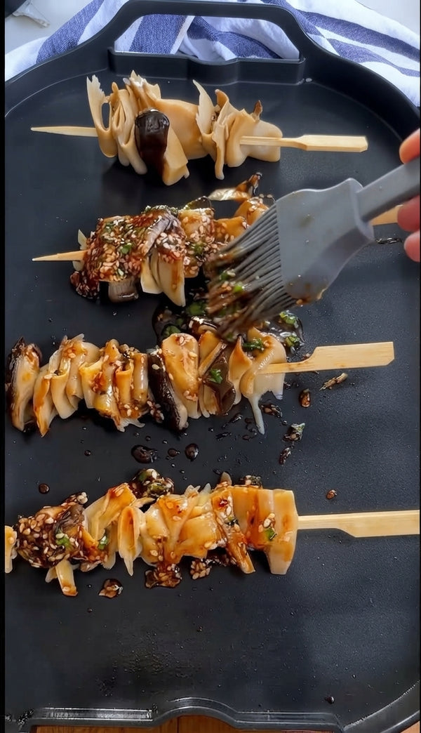 Place skewers on grill grate. Grill for 8-10 minutes, flipping halfway through and brushing with remaining glaze until caramelized, juicy, and beautifully charred.