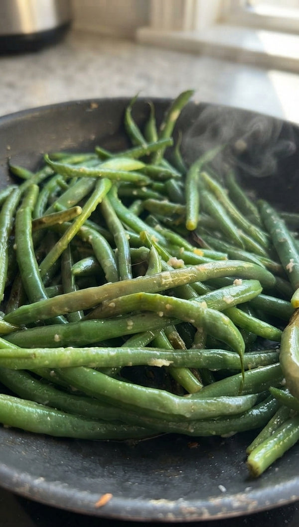 Wash the fresh green beans, trim off the stem ends, and pat them thoroughly dry.