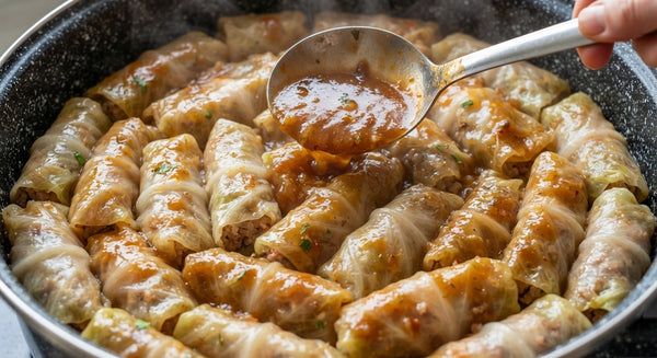 Layer leftover leaves at bottom of pot. Pack rolls tightly, pour tomato sauce mixture over top, place an inverted plate to hold rolls in place, cover, and simmer for 50–60 minutes.