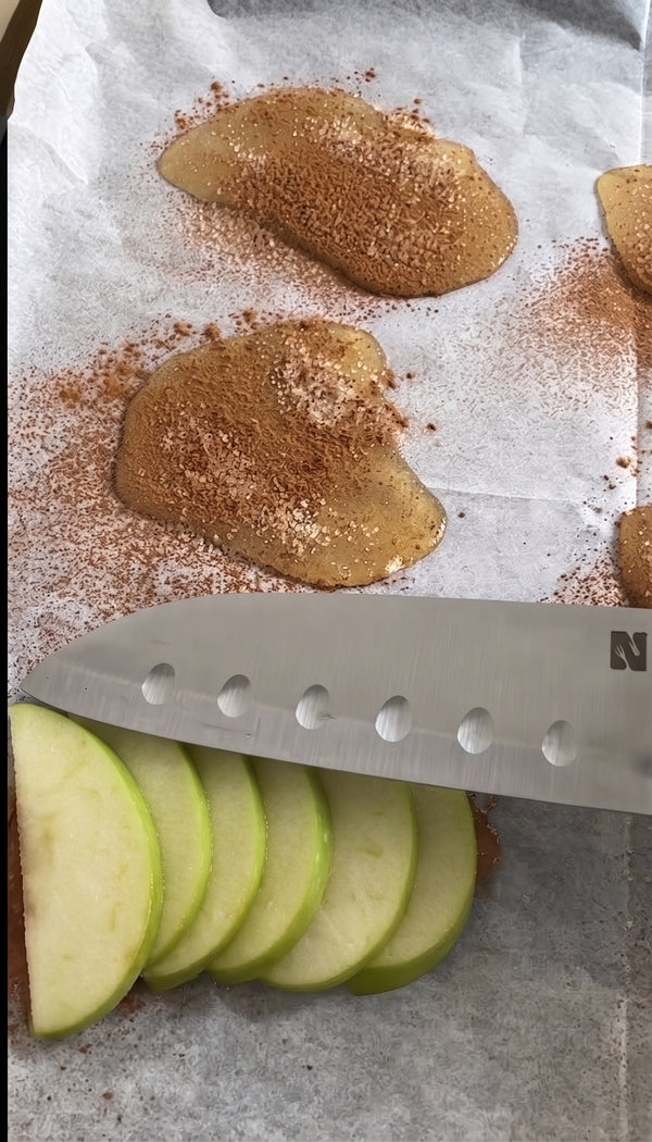 Arrange thinly sliced apples in an overlapping layer directly over each honey-butter pool. Sprinkle with a little cinnamon if desired.