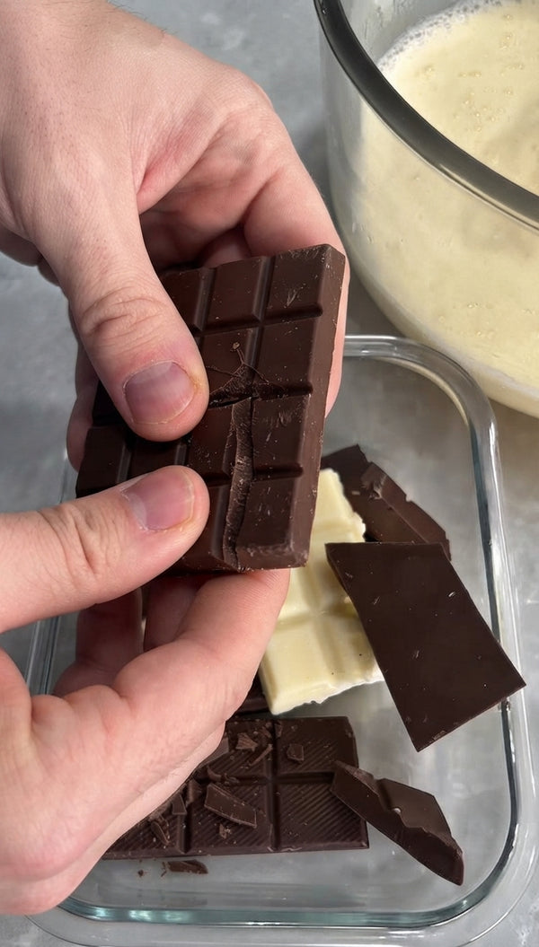 Combine chopped dark chocolate and butter in a heatproof bowl. Melt over a double boiler or in the microwave in 30-second bursts until smooth.