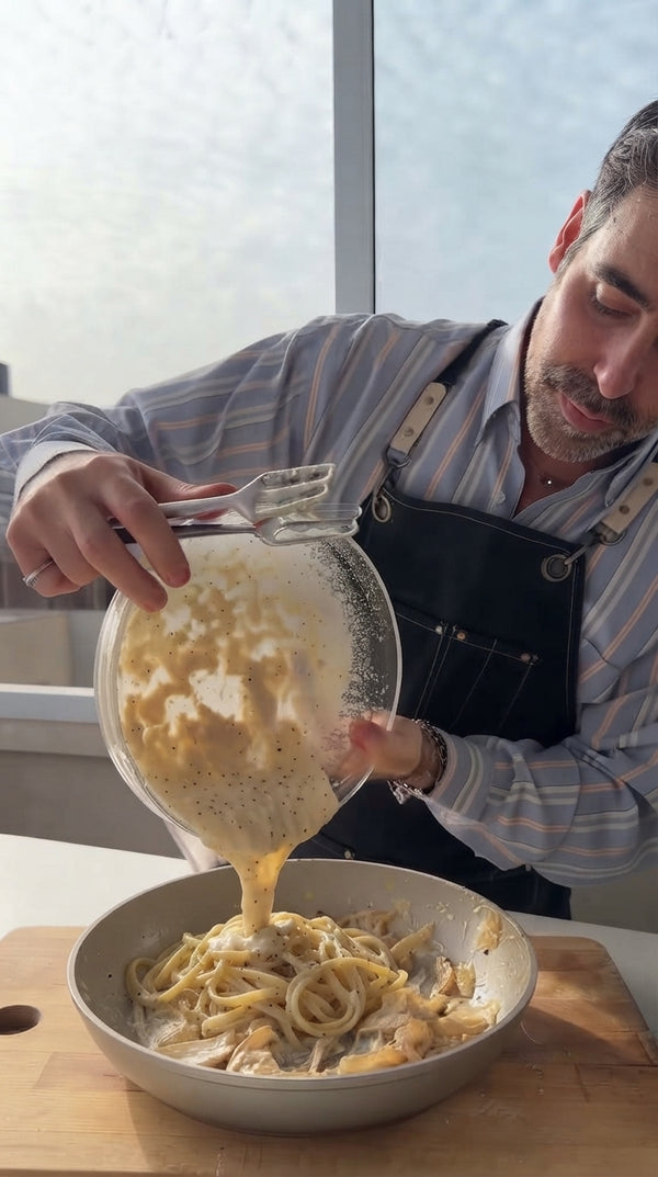 Pour cooking cream into caramelized onions, lower heat, and add freshly grated nutmeg. Simmer for 3–4 minutes until slightly thickened. Blend HALF of the sauce with an immersion blender for creamy smoothness while leaving the remaining half textured with onion strands.