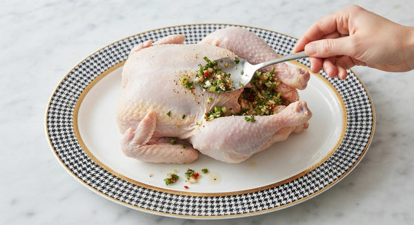 Place chicken in a deep roasting dish surrounded by potato wedges. Cover tightly with parchment paper and aluminum foil. Bake at 190°C (375°F) for 1 hour.