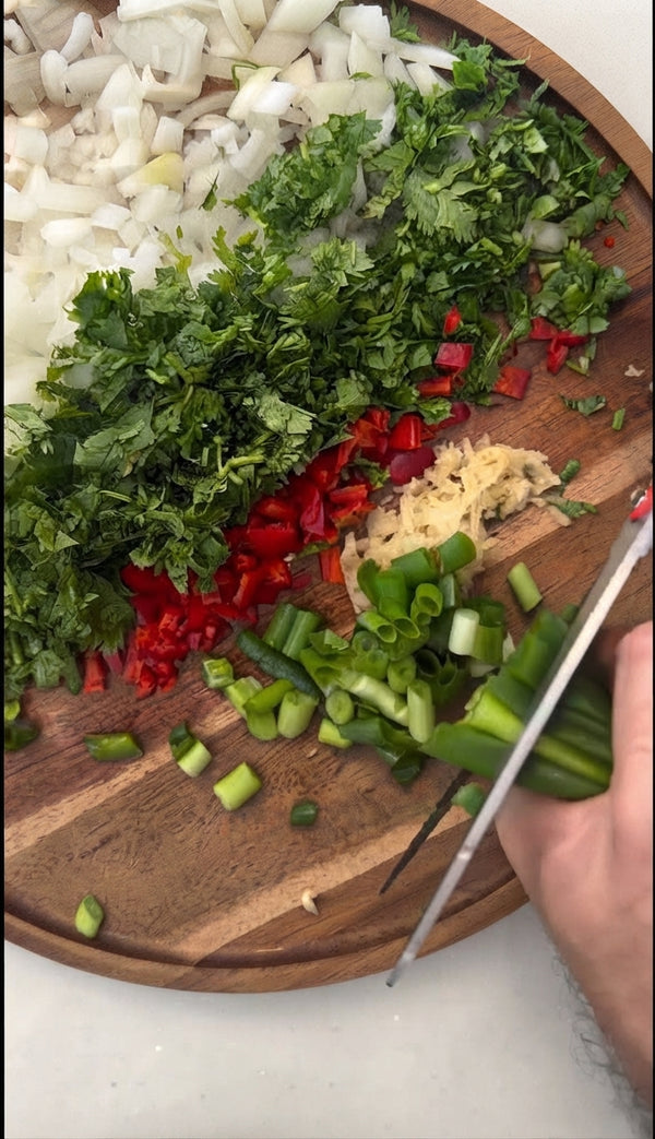 Mix ground meat, onions, chili, green onions, garlic, and spices until cohesive.