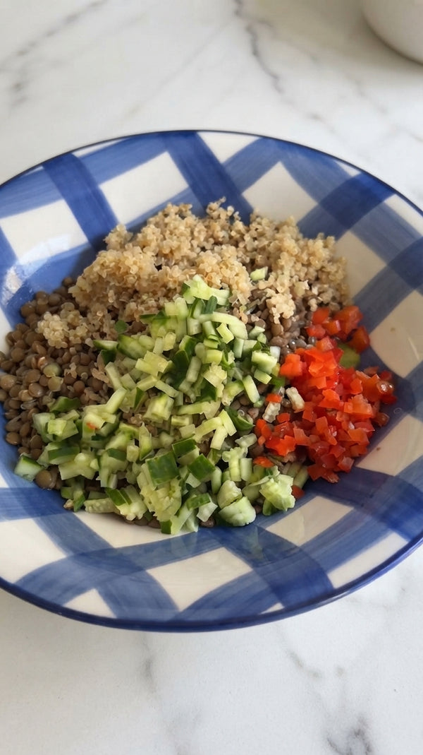 Cook lentils and quinoa separately until tender; drain well and let cool completely.