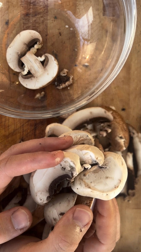 Slice mushrooms into medium rustic pieces and slices to build multi-layered texture.