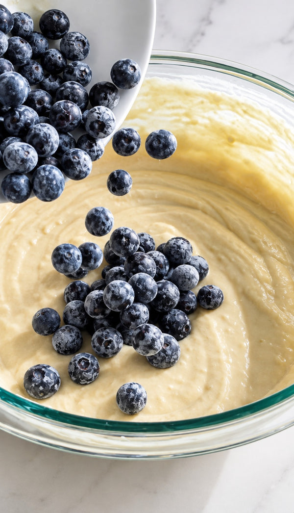 Toss blueberries with 1 tbsp of flour (this prevents them from sinking to the bottom) and gently fold them into the cake batter.