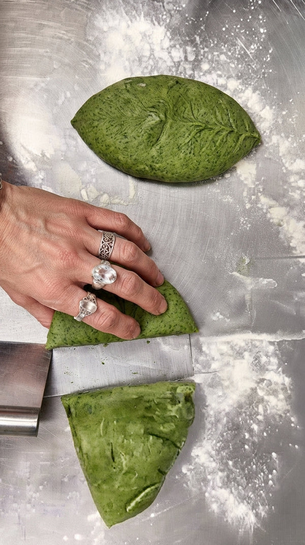 Roll spinach dough into thin sheets using a pasta machine or rolling pin. Cut into rectangular sheets and blanch in boiling salted water for 1 minute, then transfer to an ice bath and pat dry.