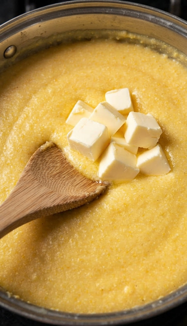 Bring milk, stock, and corn puree to a gentle simmer in a saucepan. Whisk in polenta/cornmeal gradually and stir over low heat for 8–10 minutes until thick and glossy.