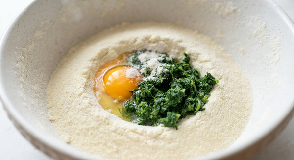 Blend spinach puree with eggs and knead into Tipo 00 flour until smooth and elastic. Rest for 30 minutes