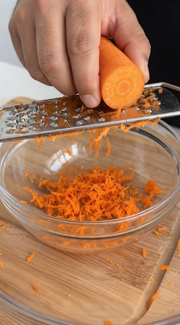 Sauté grated carrots in butter with brown sugar, cinnamon, and nutmeg for 6–8 minutes until caramelized and soft. Cool completely.