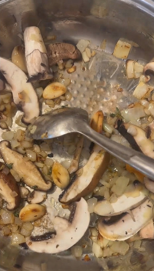 High-heat fry half the mushrooms in olive oil until golden; set aside.