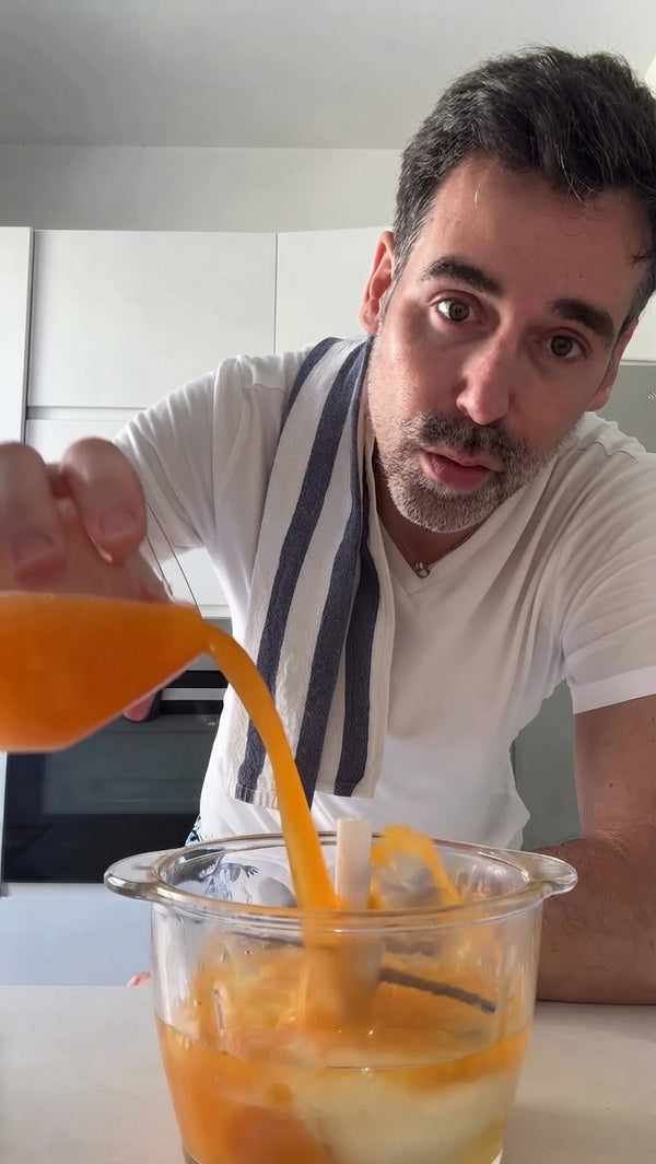 Boil water, sugar, fresh orange juice, and cinnamon stick for 8–10 minutes until slightly thickened. Cool completely.