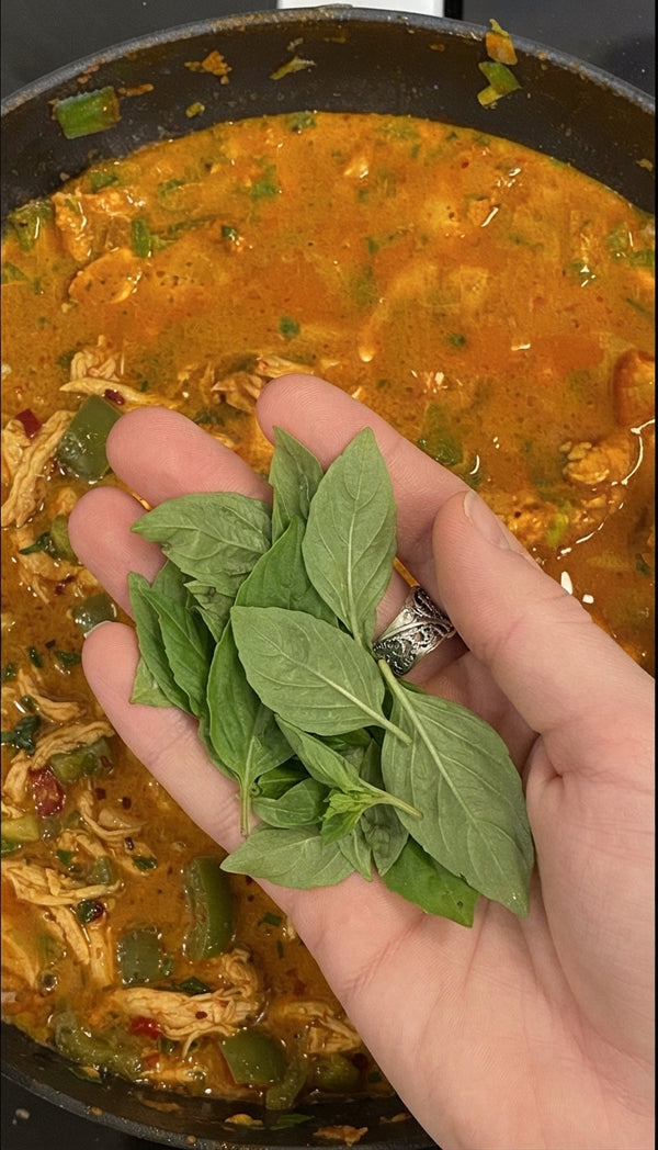 Garnish with fresh basil leaves, crushed peanuts, sliced green onion, and chili flakes. Serve piping hot over steamed rice.
